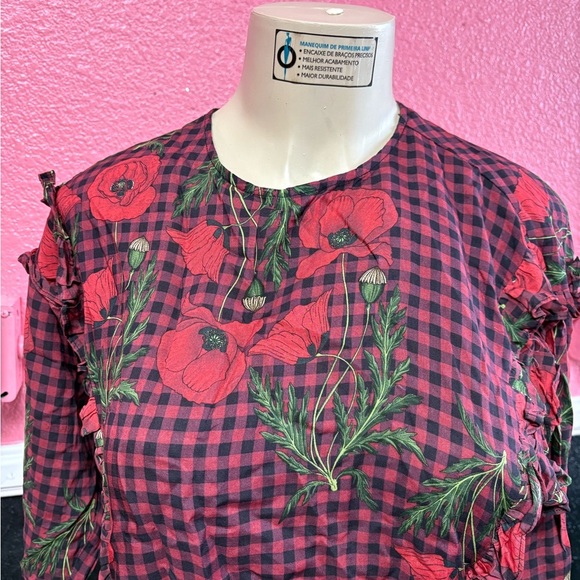 NWT Zara Red and Black Ruffled Graphic Blouse - Picture 6 of 6